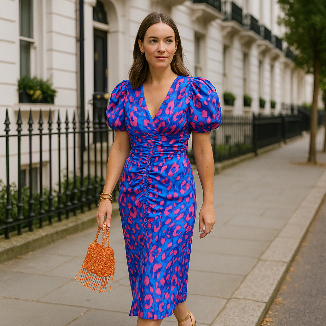 V-Neck Abstract Print Puff Sleeve Ruched Bodycon Maxi Dress 2