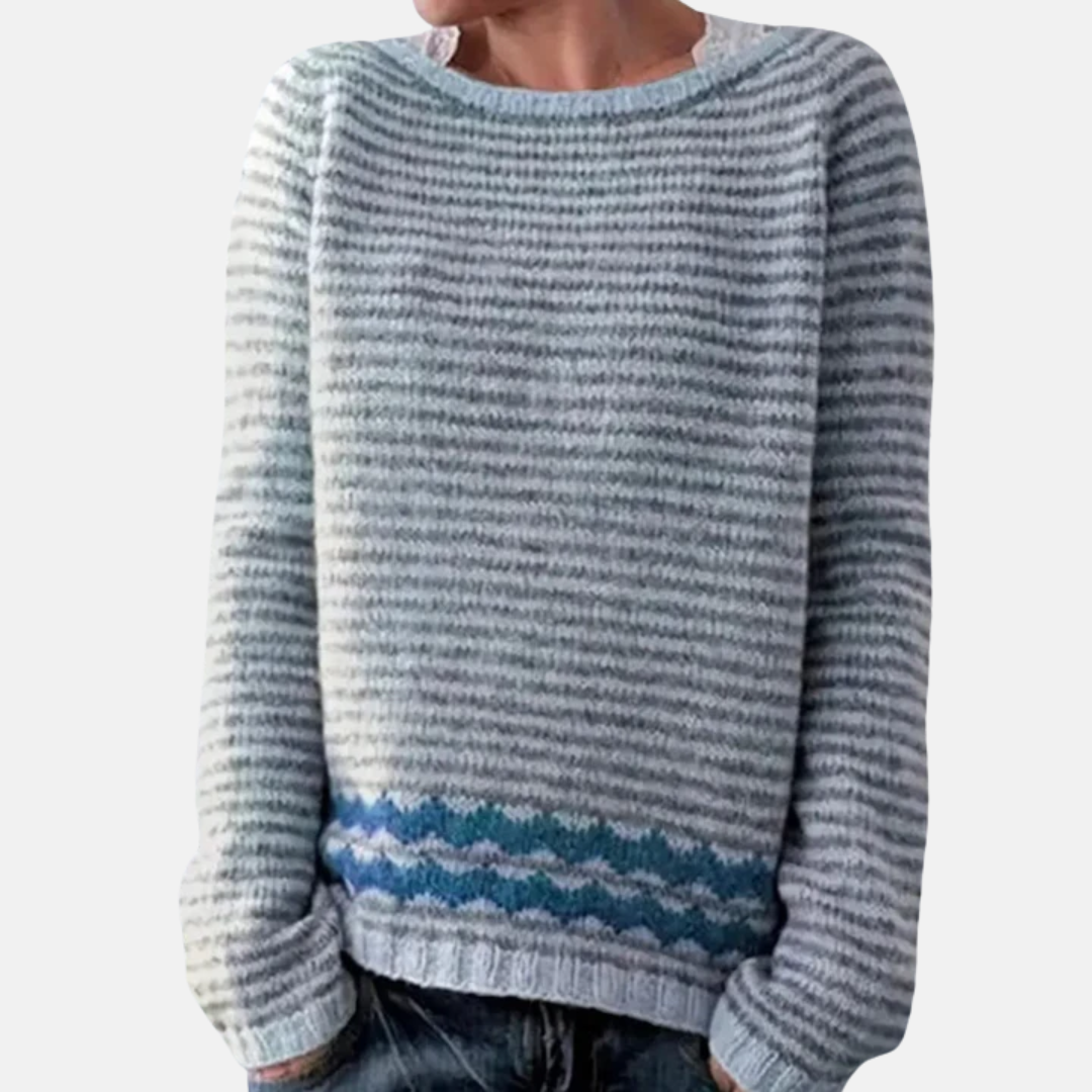 Blue Boat Neck Striped Chunky Knit Sweater 2