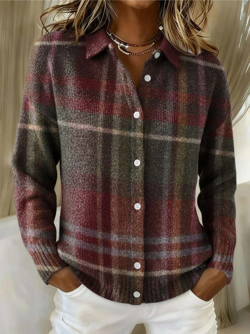 Multicolor Collared Button-Up Plaid Long Sleeve Knit Shirt