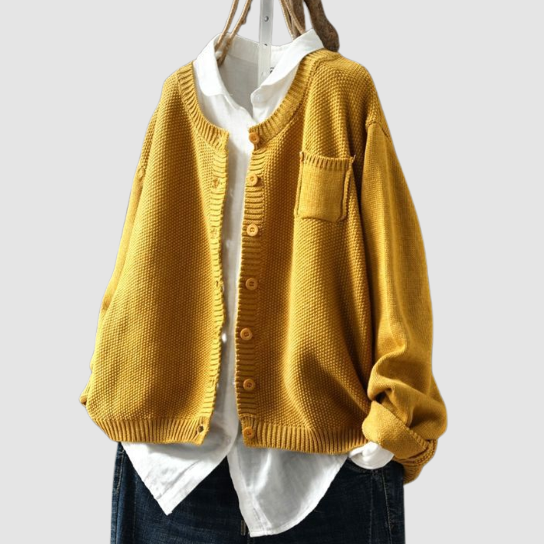 Round Neck Button-Front Chunky Knit Patch Pocket Long Sleeve Cardigan 2