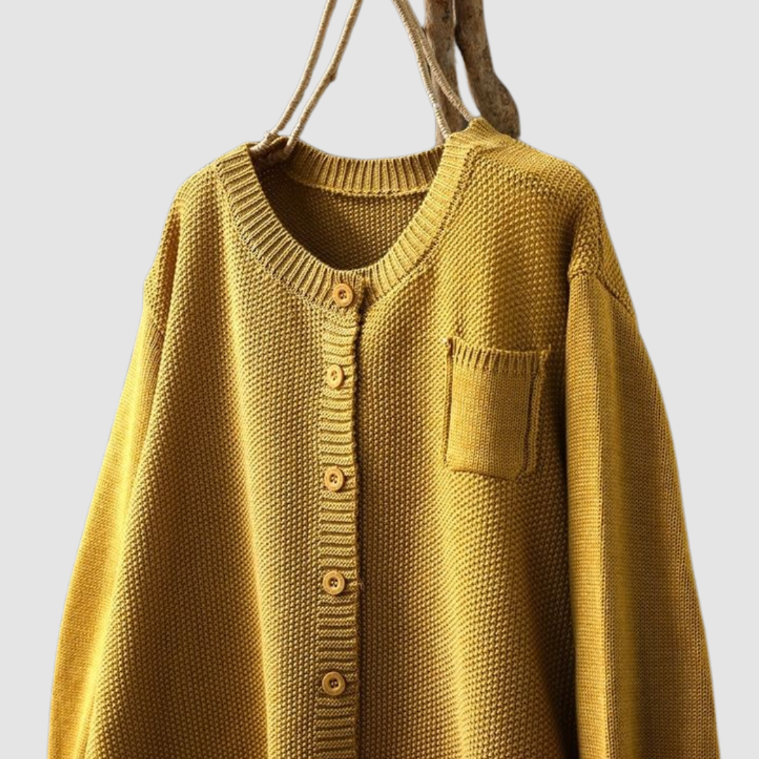 Round Neck Button-Front Chunky Knit Patch Pocket Long Sleeve Cardigan 3