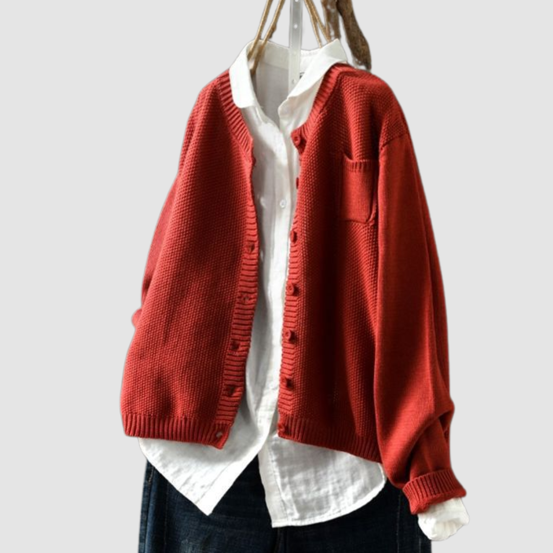 Round Neck Button-Front Chunky Knit Patch Pocket Long Sleeve Cardigan 6
