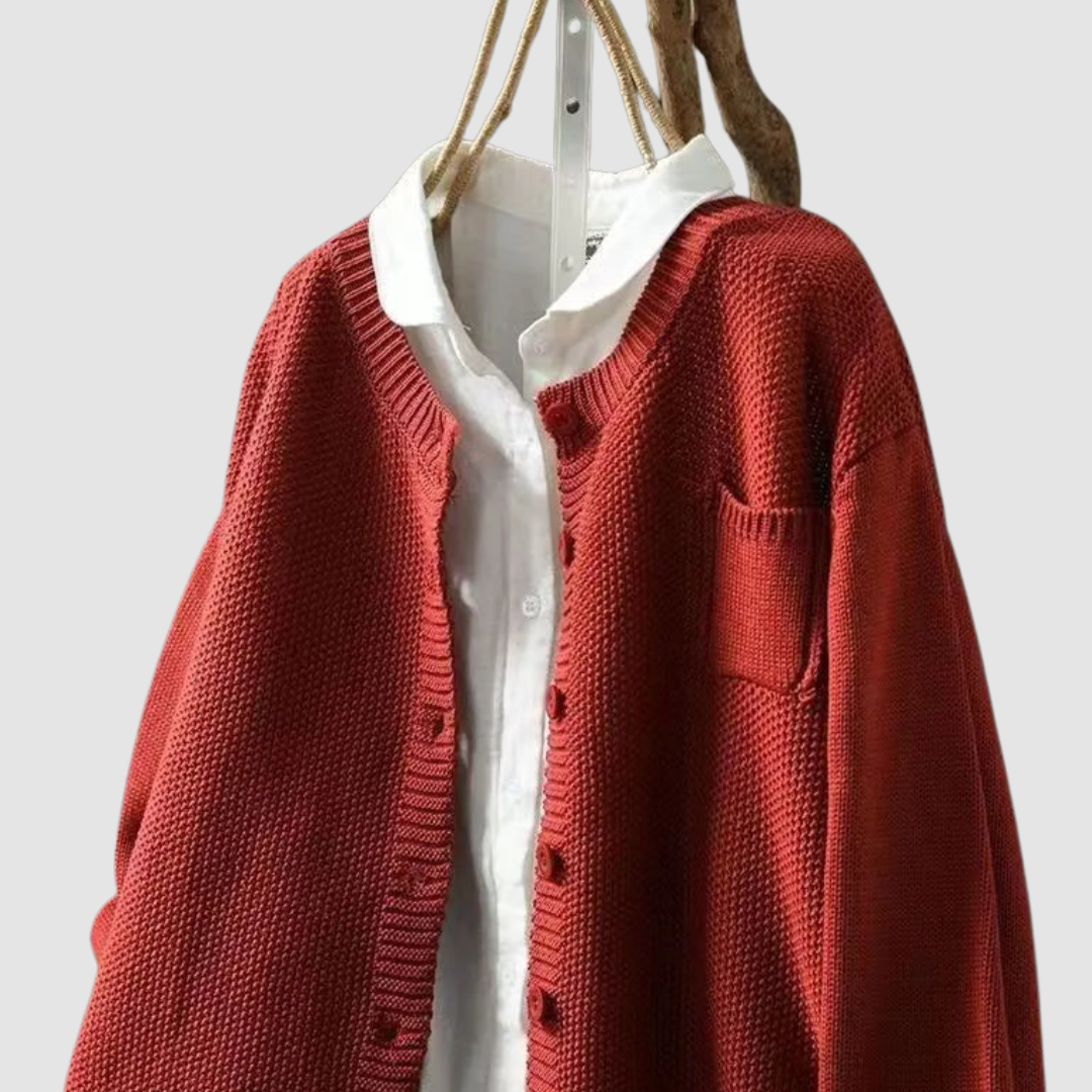 Round Neck Button-Front Chunky Knit Patch Pocket Long Sleeve Cardigan 7