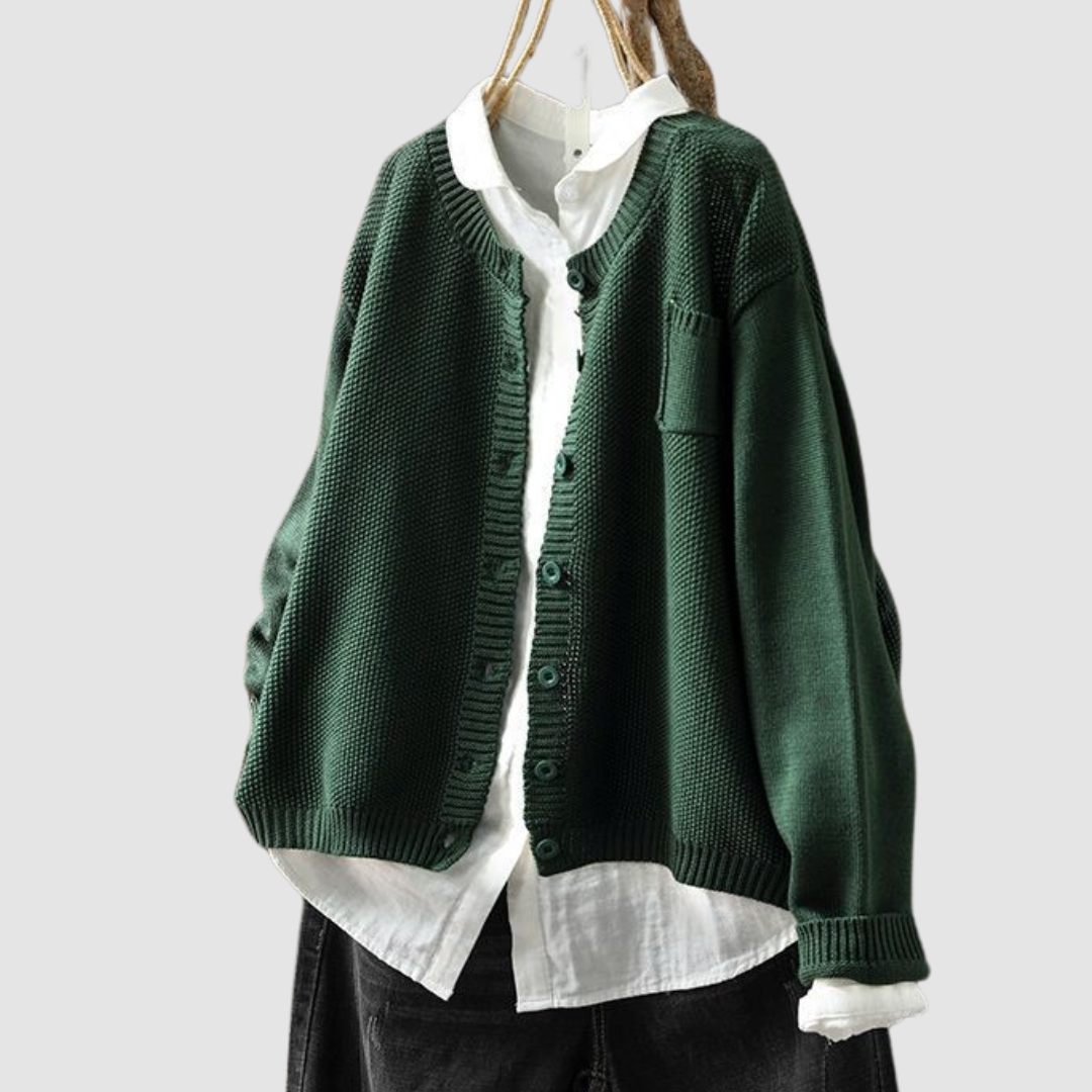 Round Neck Button-Front Chunky Knit Patch Pocket Long Sleeve Cardigan 9