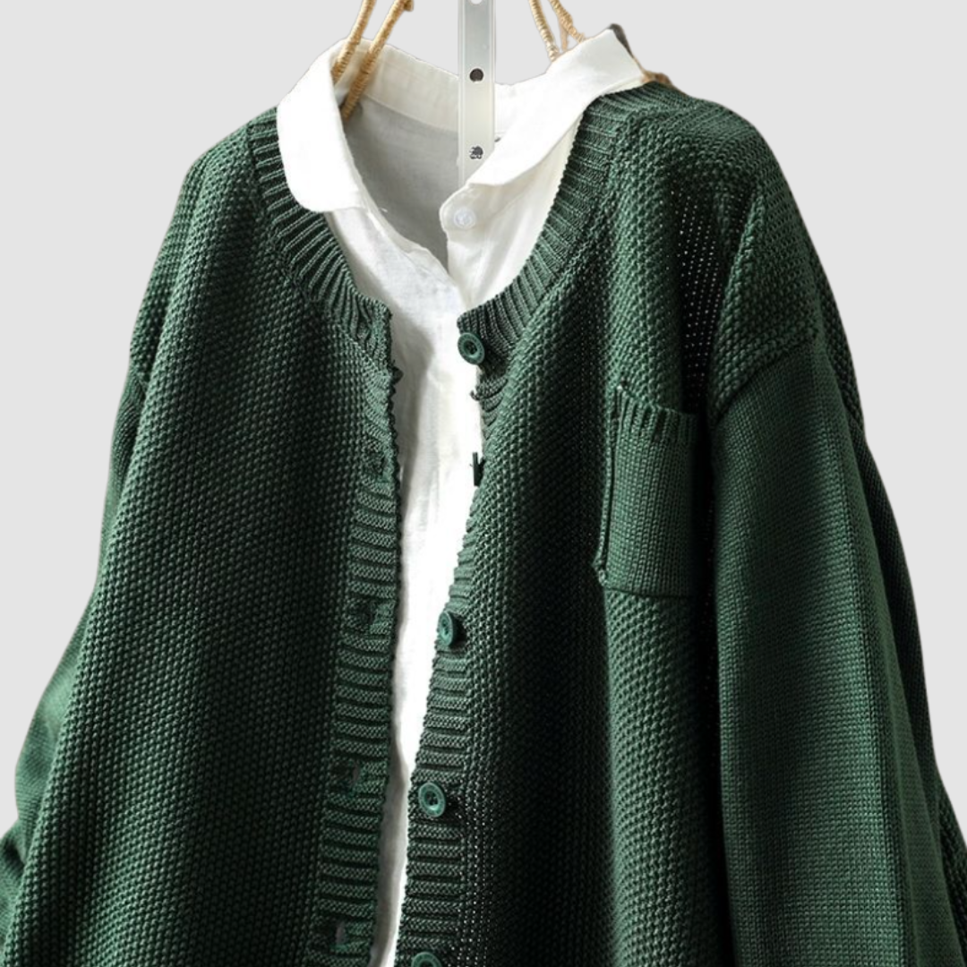 Round Neck Button-Front Chunky Knit Patch Pocket Long Sleeve Cardigan 10