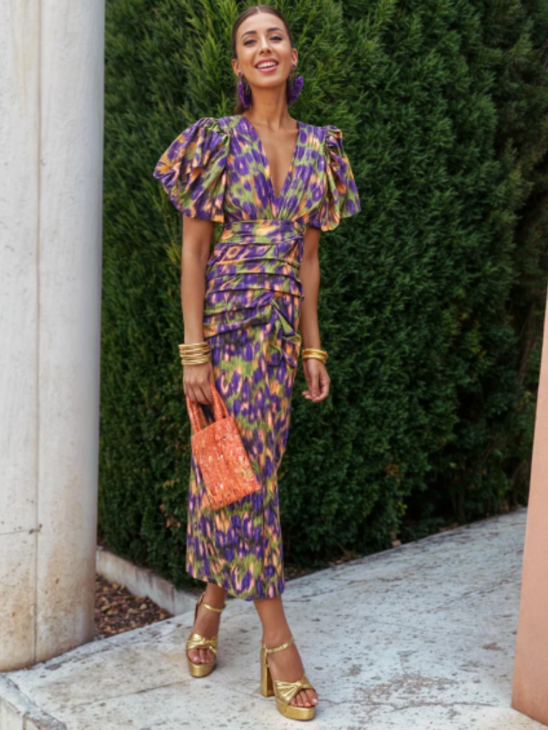 V-Neck Abstract Print Puff Sleeve Ruched Bodycon Midi Dress