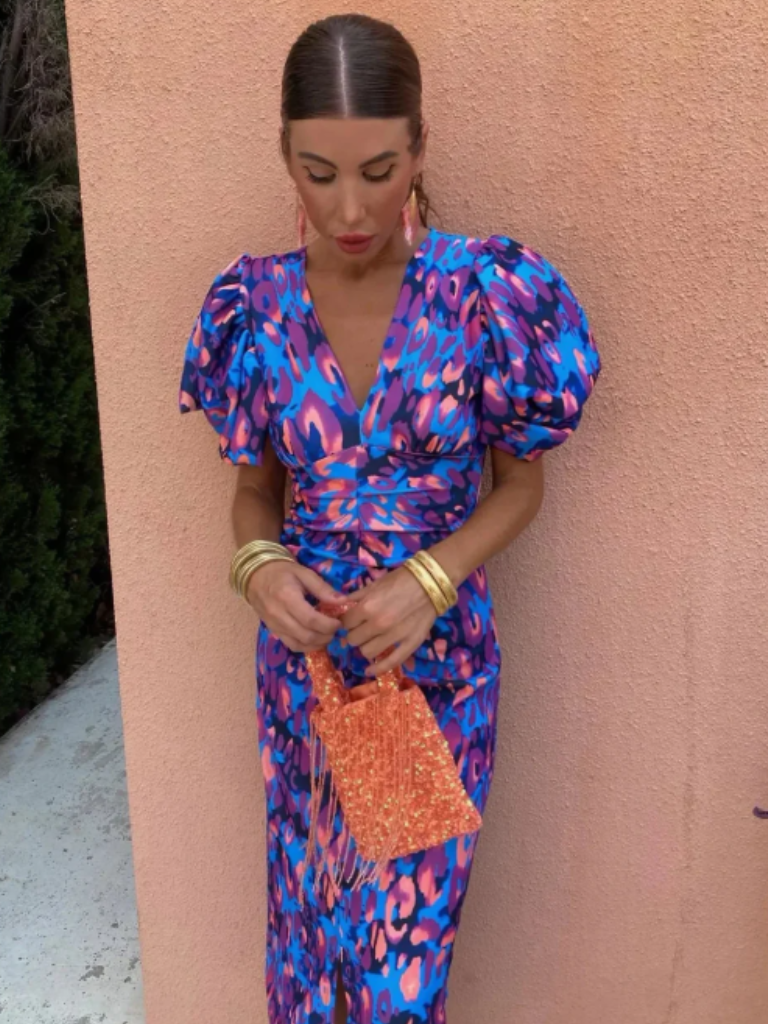 V-Neck Abstract Print Puff Sleeve Ruched Bodycon Midi Dress