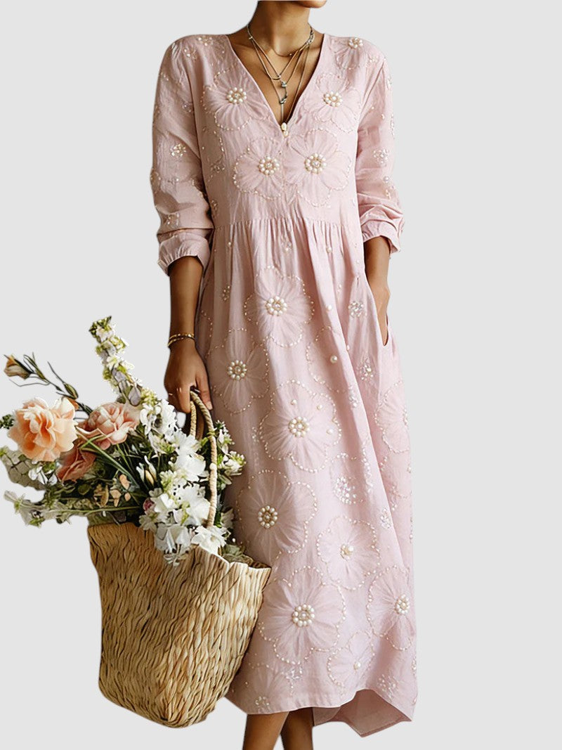 V-Neck Long Sleeve Pearl Beaded Floral Empire Waist Midi Dress