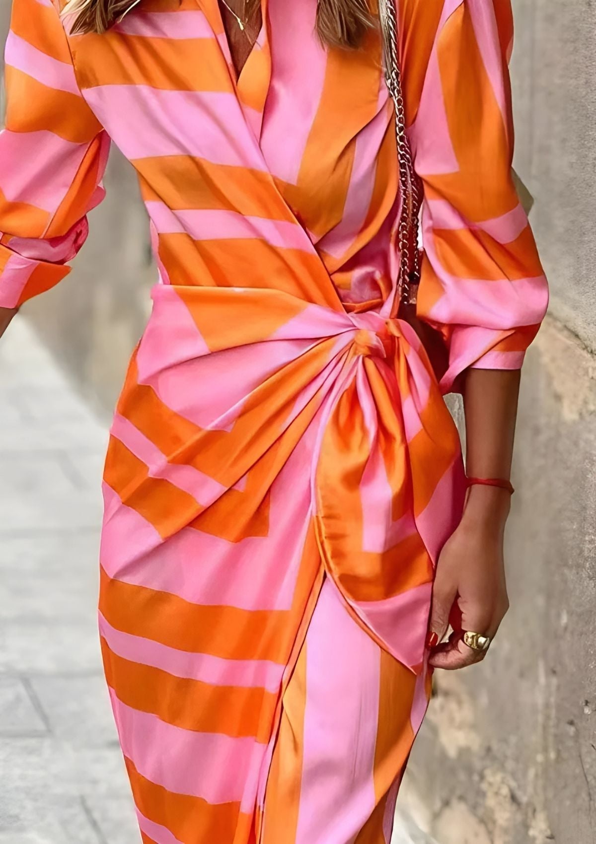 Collared Geometric Print Long Sleeve Tie Waist Wrap Midi Dress 6