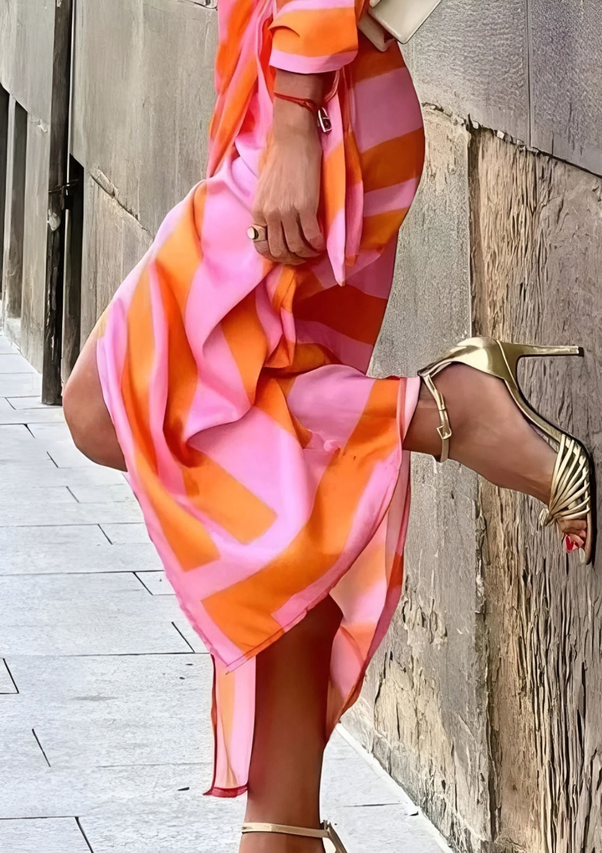 Collared Geometric Print Long Sleeve Tie Waist Wrap Midi Dress 3