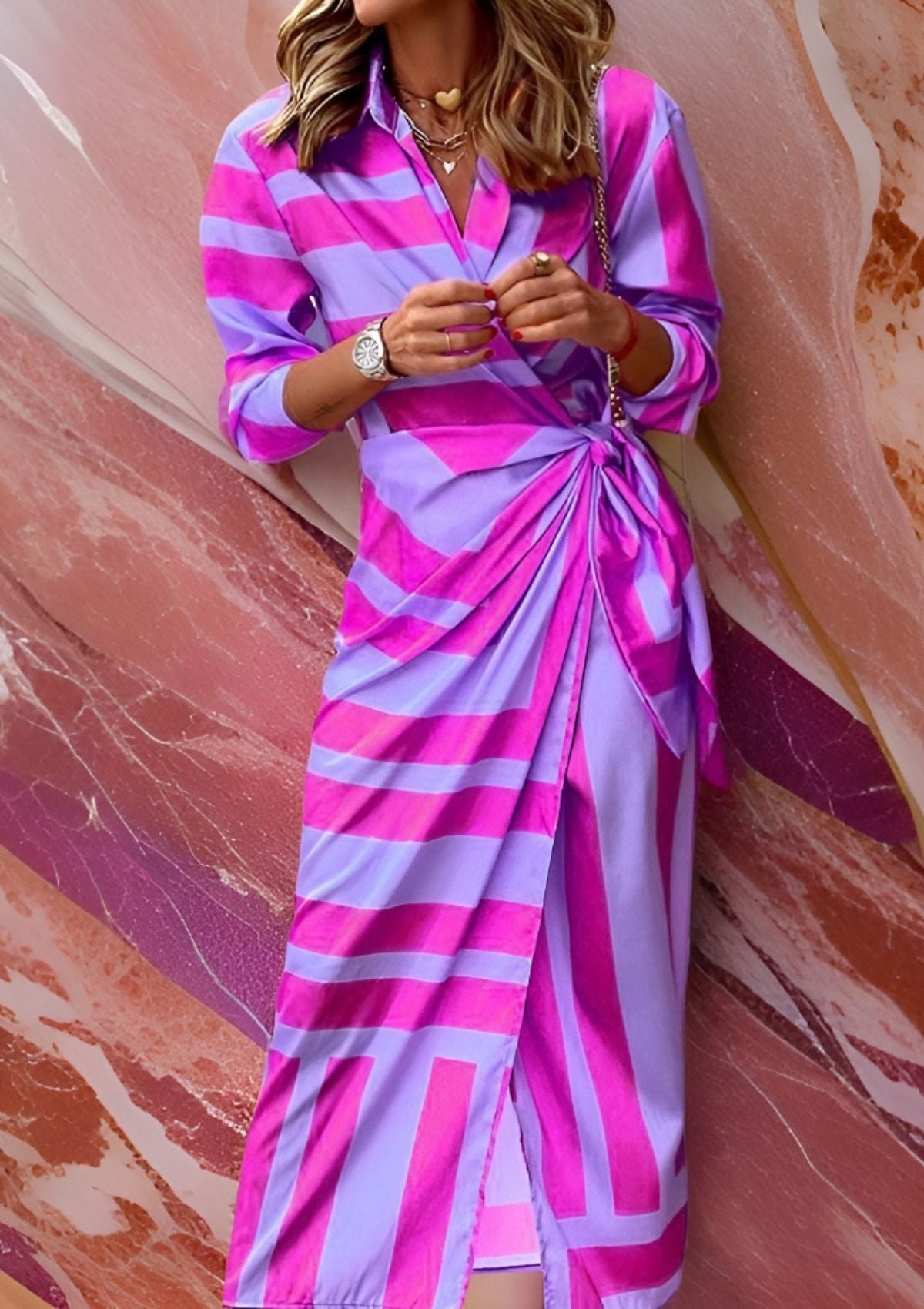 Collared Geometric Print Long Sleeve Tie Waist Wrap Midi Dress 13
