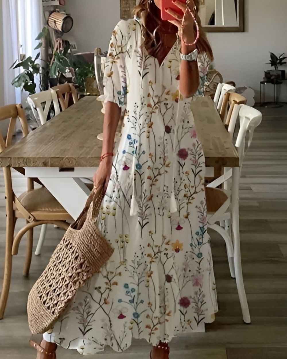 V-Neck Tassel Tie Half Sleeve Ikat Print Flowing A-Line Maxi Dress 7