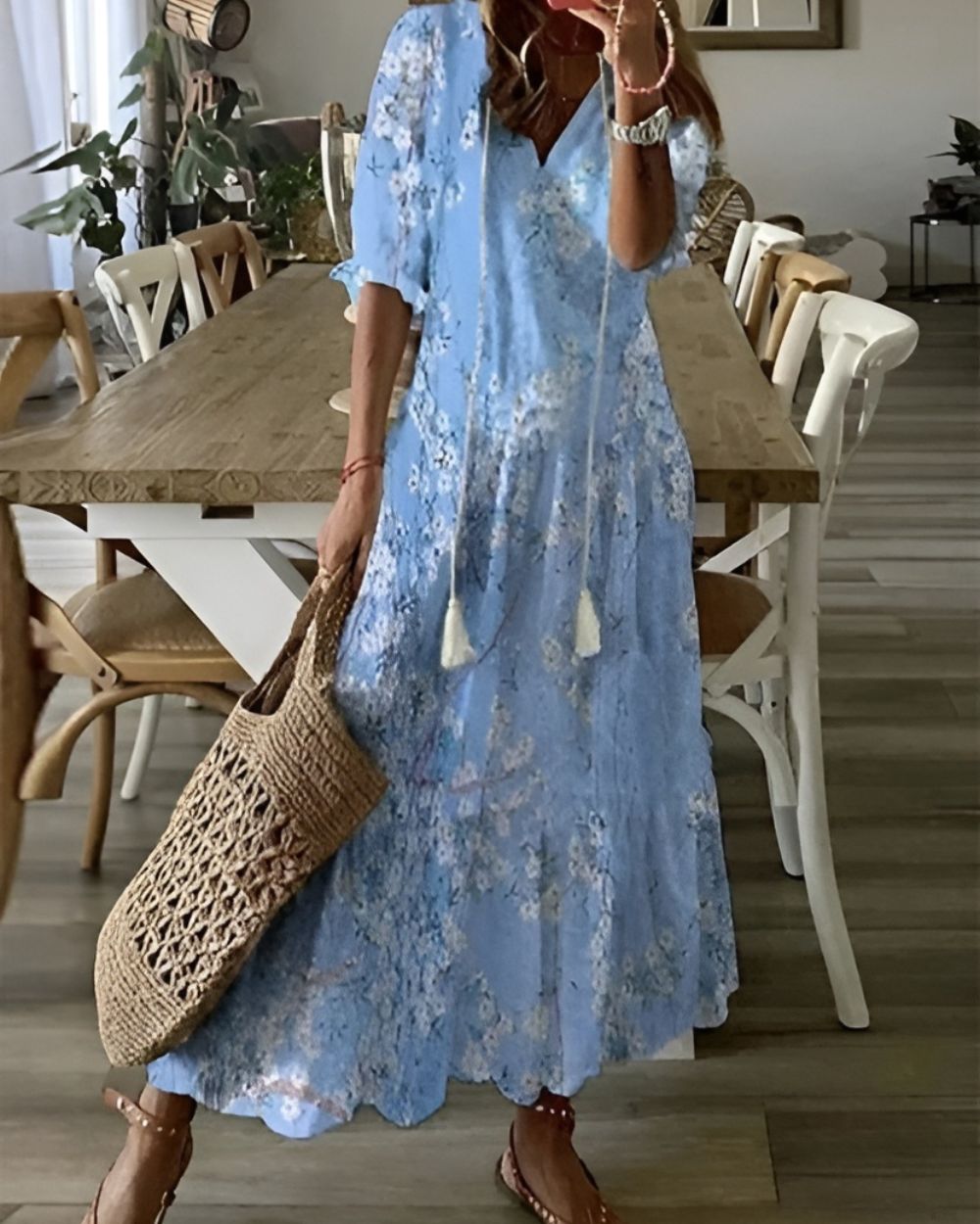V-Neck Tassel Tie Half Sleeve Ikat Print Flowing A-Line Maxi Dress 4