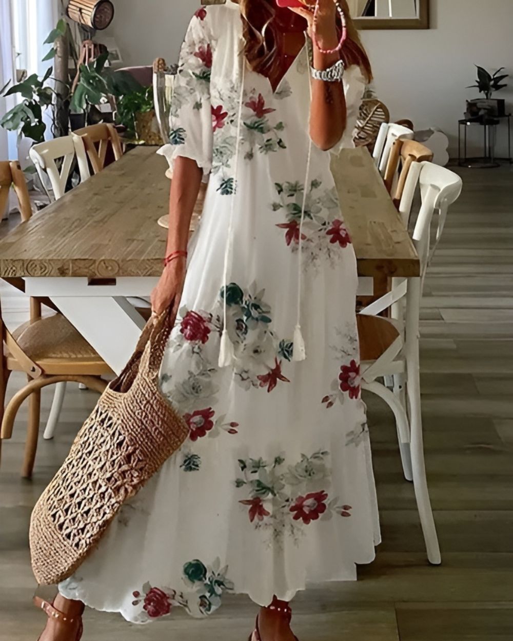 V-Neck Tassel Tie Half Sleeve Ikat Print Flowing A-Line Maxi Dress 8