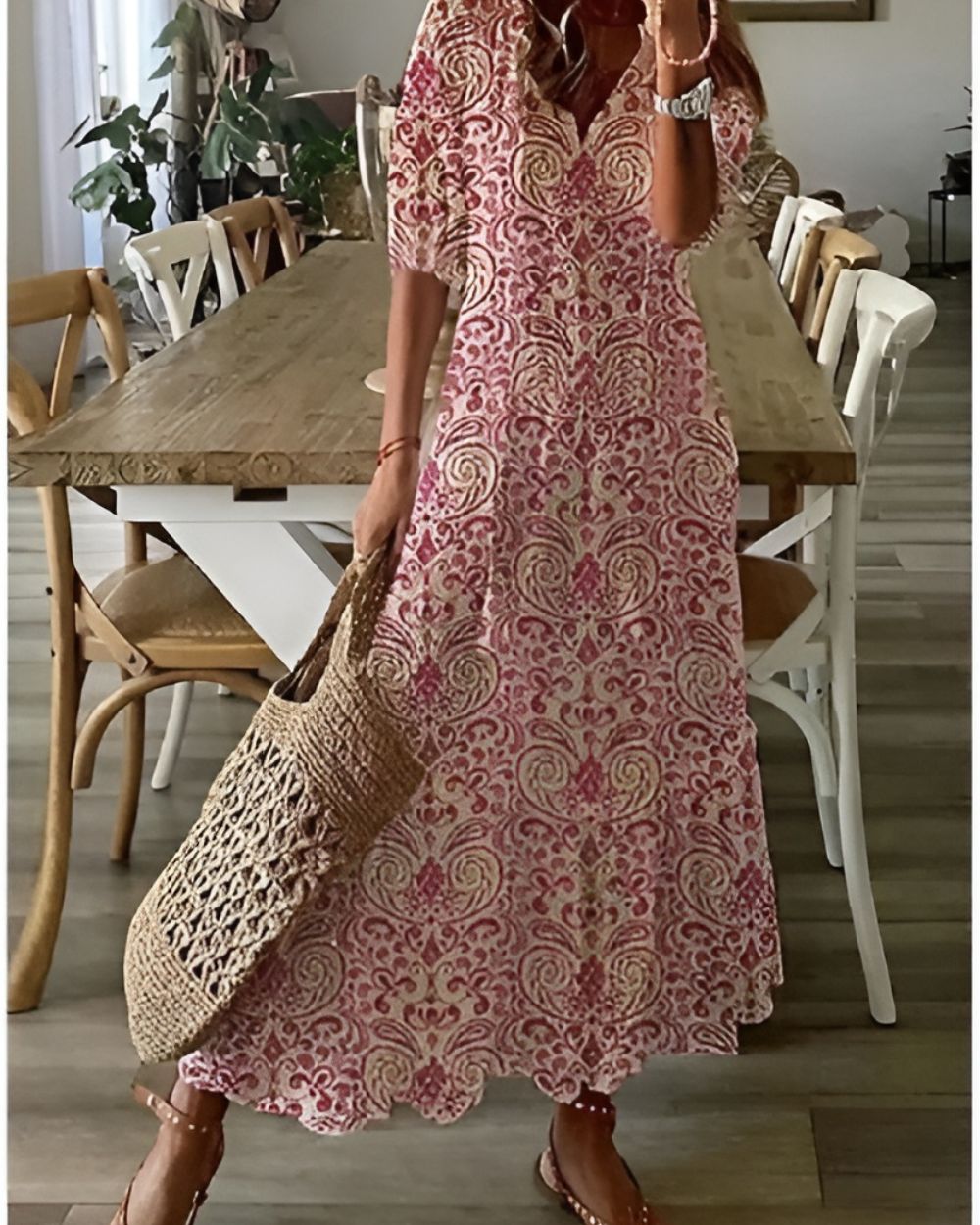 V-Neck Tassel Tie Half Sleeve Ikat Print Flowing A-Line Maxi Dress 5
