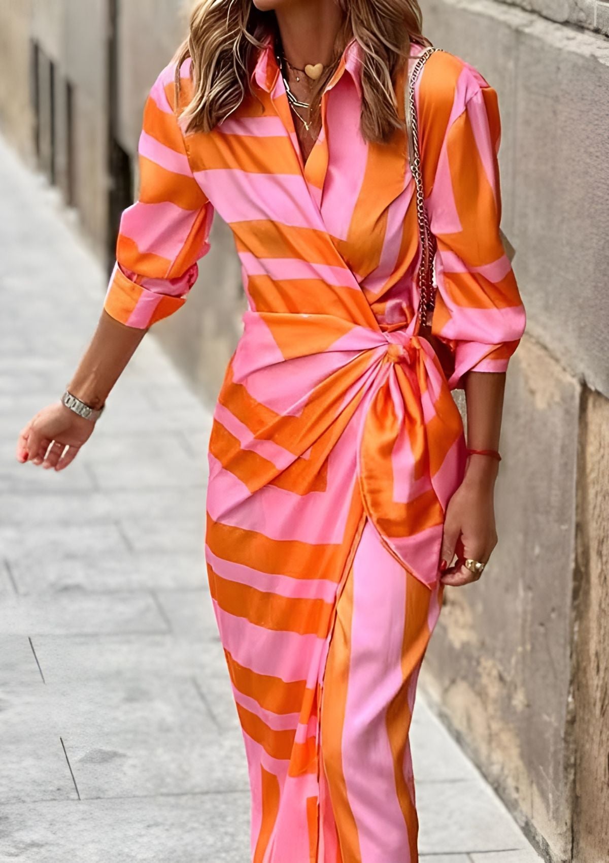 Collared Geometric Print Long Sleeve Tie Waist Wrap Midi Dress 8