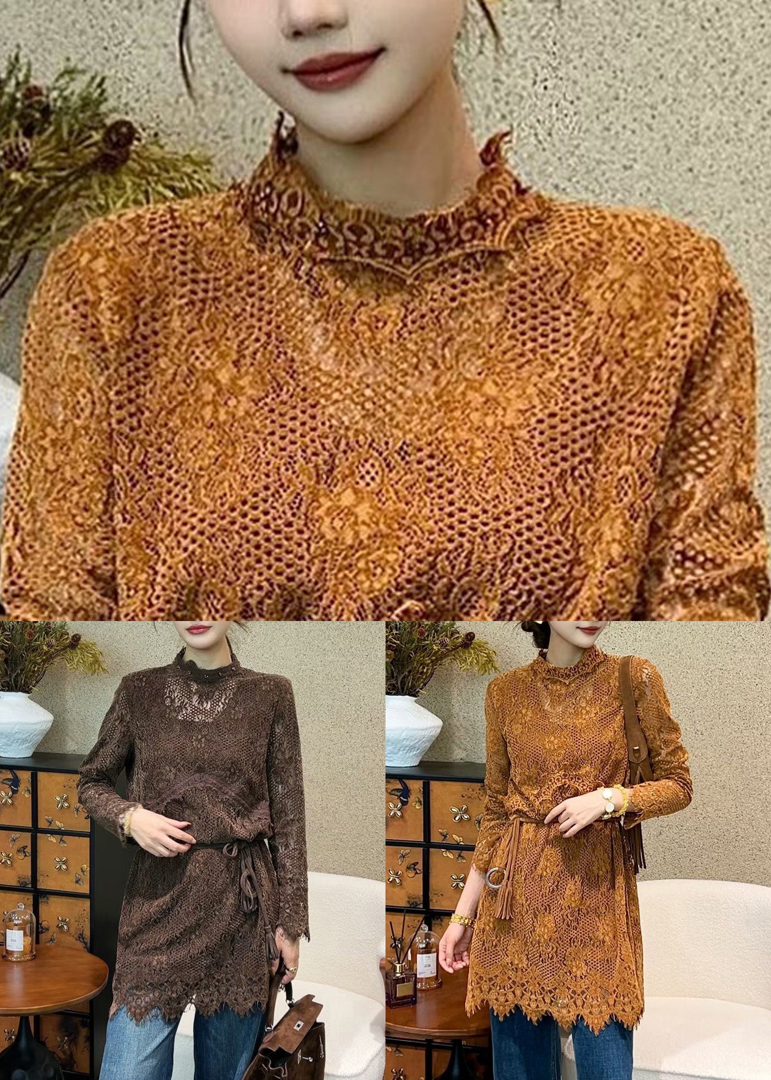 Orange Solid Tie Waist Lace Mini Dresses Hollow Out