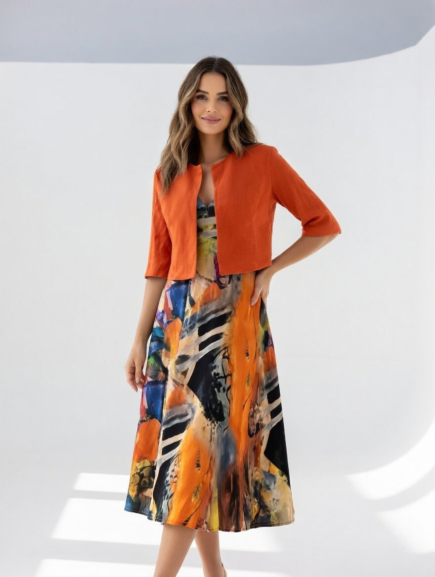 V-Neck Abstract Watercolor Print A-Line Midi Dress