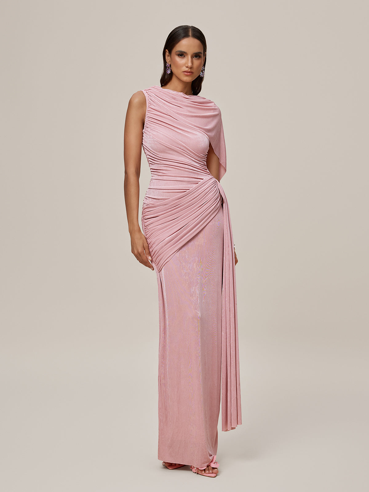Shawl Ruched Draped Maxi Dress