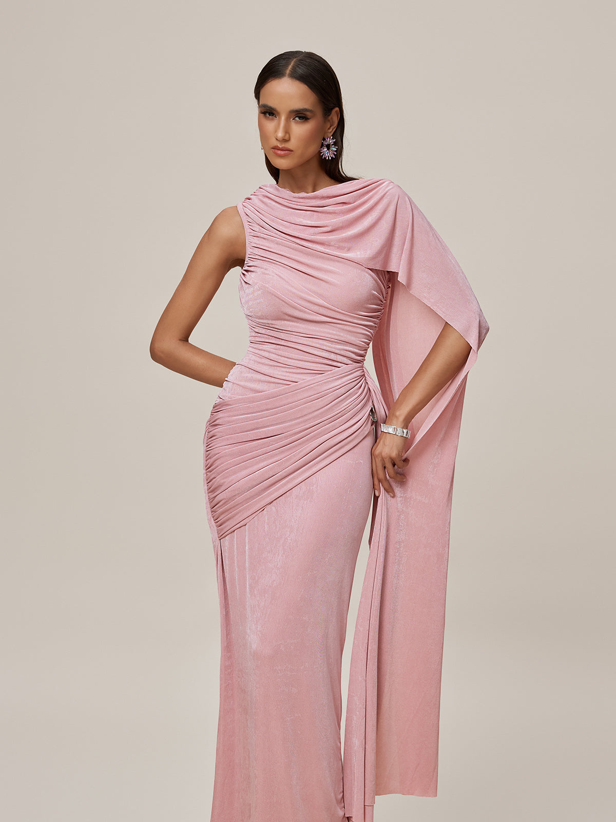 Shawl Ruched Draped Maxi Dress
