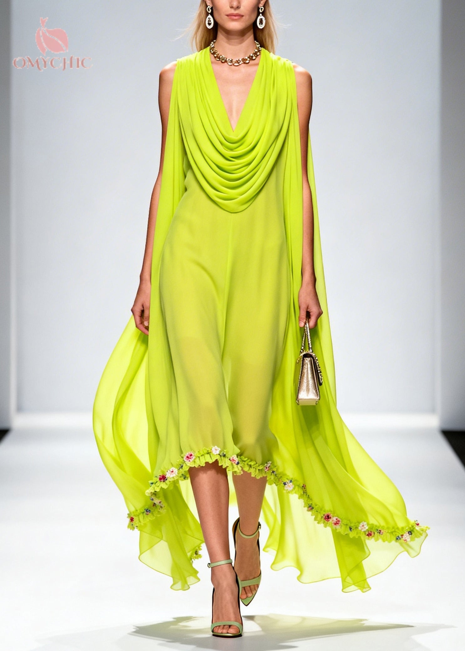 Organic Fluorescent Green Turtle Neck Floral Chiffon Long Dresses Summer