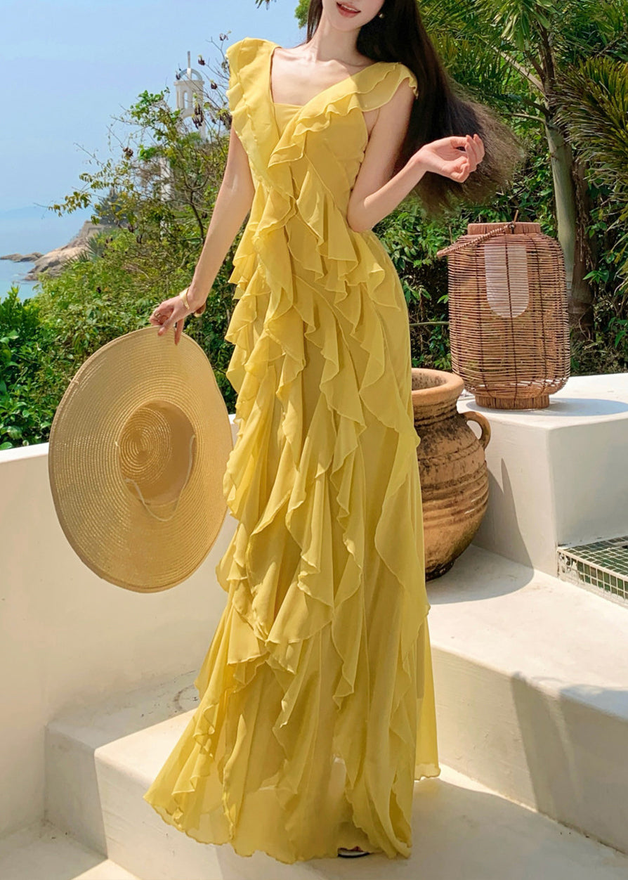 Organic Yellow Ruffled Patchwork Vacation Chiffon Long Dresses Short Sleeve