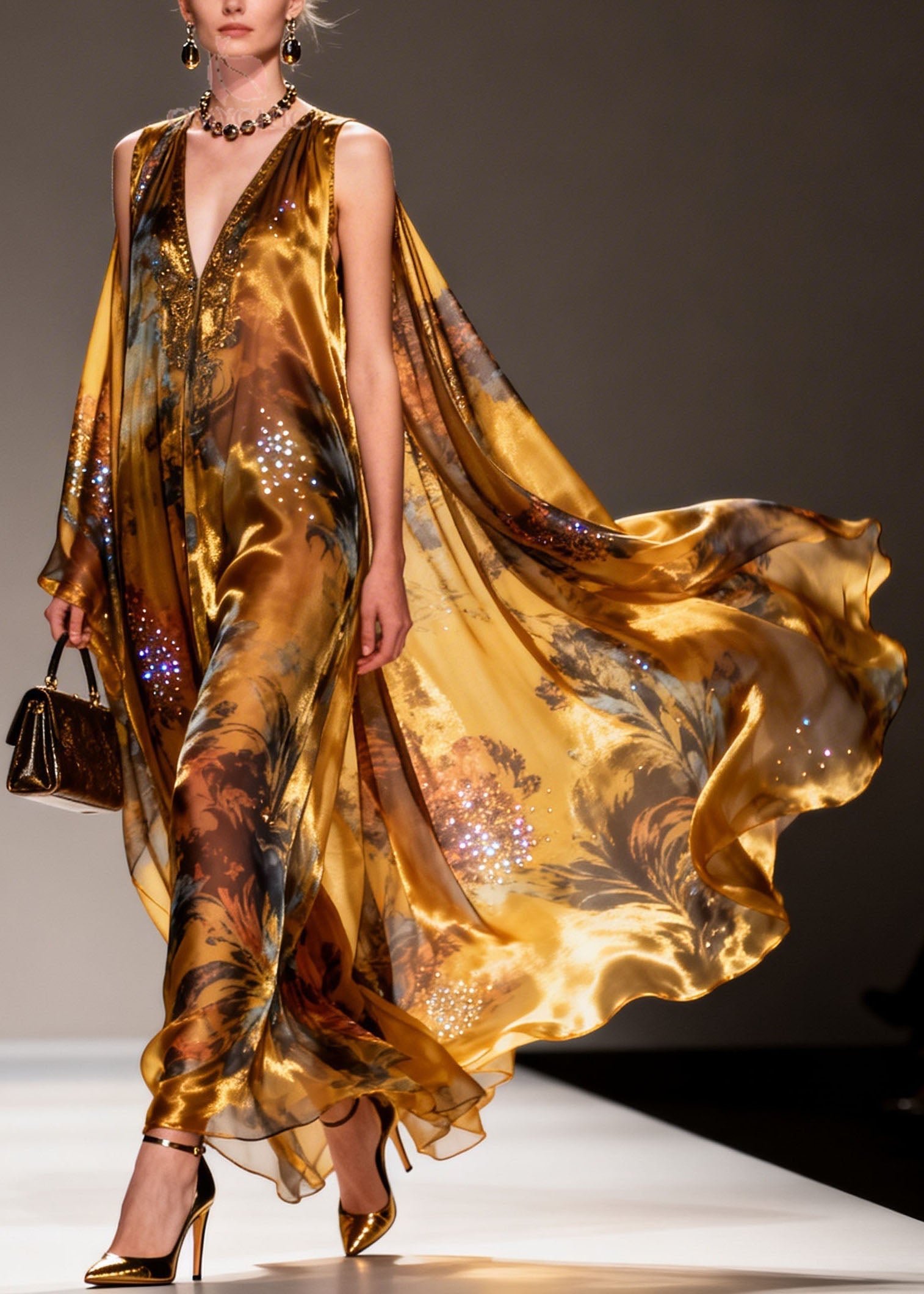Organic Yellow V Neck Print Zircon Chiffon Maxi Dresses Summer