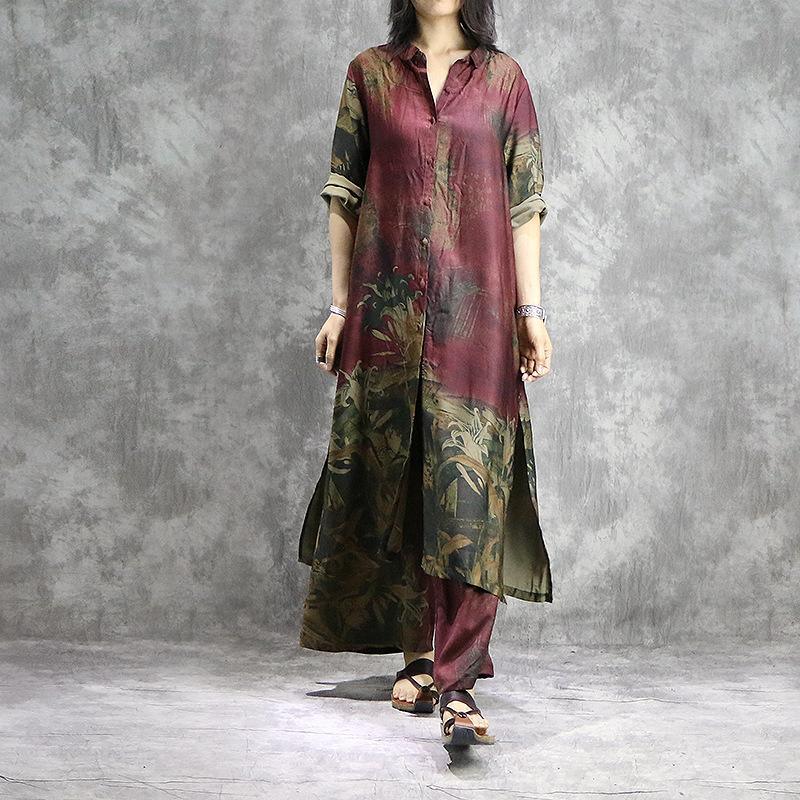 Organic wide leg pant silk Tunics plus size red prints Dresses summer two pieces
