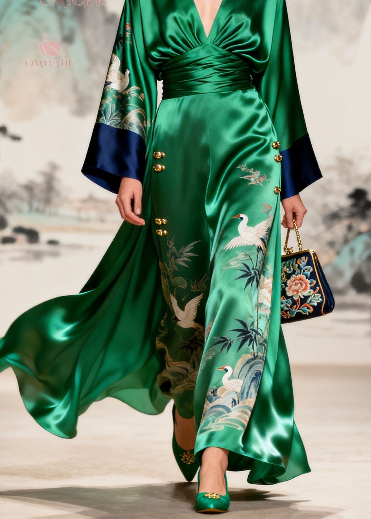 Original Design Green V Neck Print Silk Dresses Long Sleeve