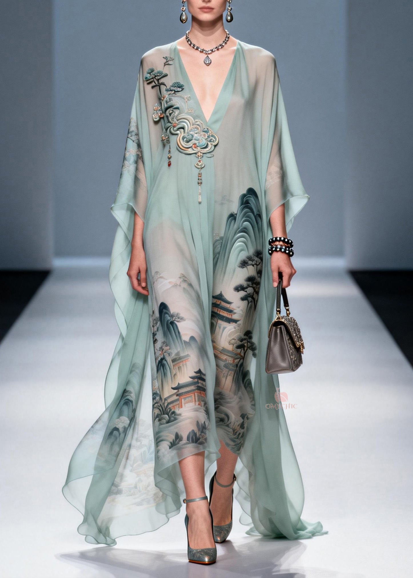 Original Design V Neck Print Chiffon Maxi Dress Summer