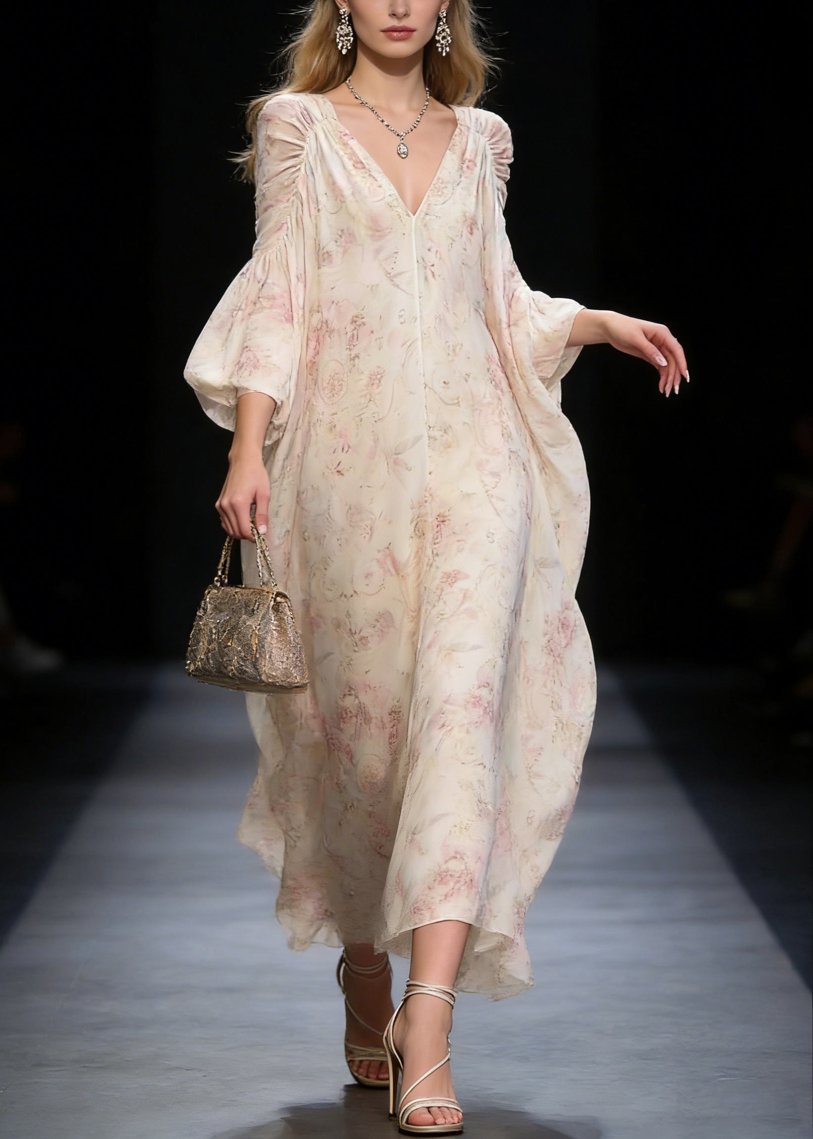 Original Design V Neck Print Wrinkled Chiffon Long Dress Spring