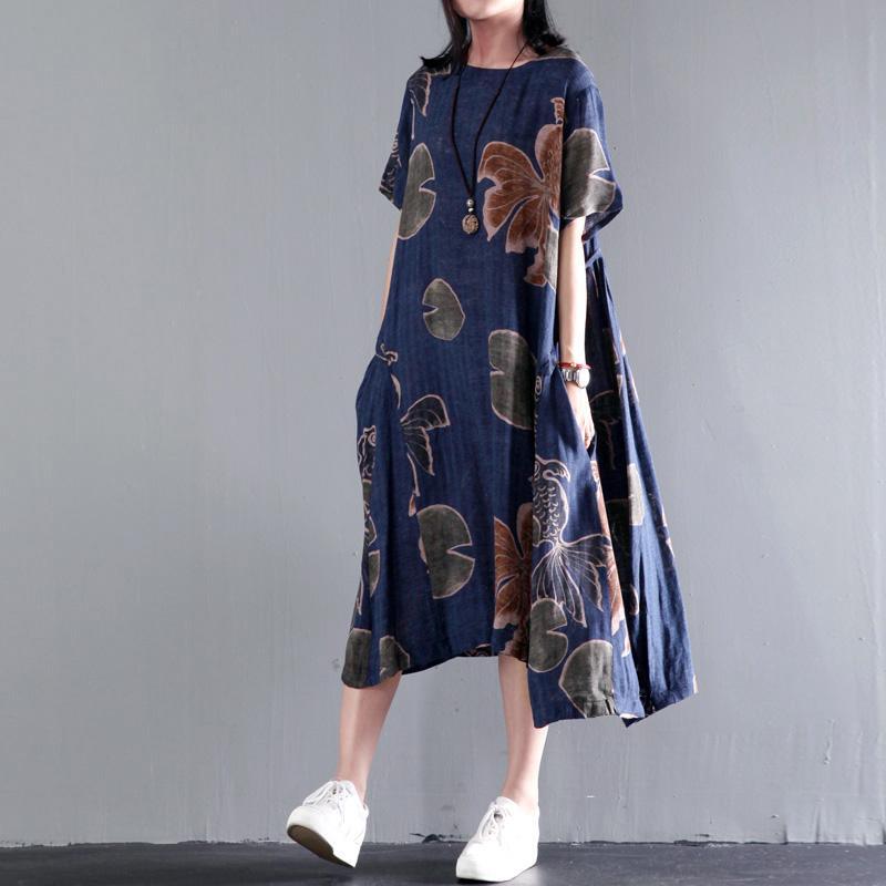 Original Navy floral print linen sundress plus size summer maxi dresses caftan gown