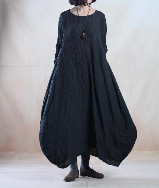 Oversize black linen maxi dress long holiday causal dress