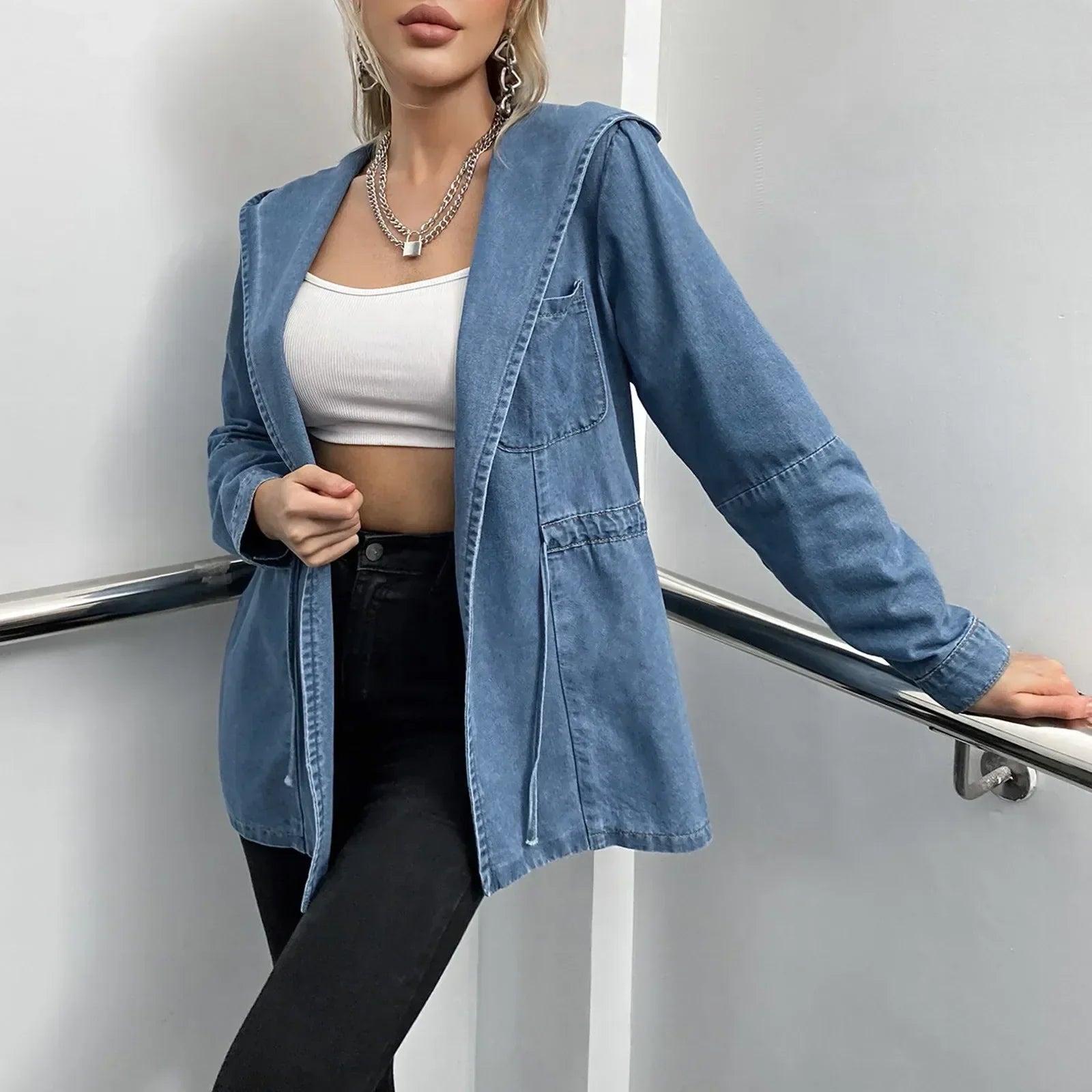 Hooded Autumn Winter Lapel Loose Open Front Chic Stylish Elegant Fashionable Versatile Short Women's Jacket