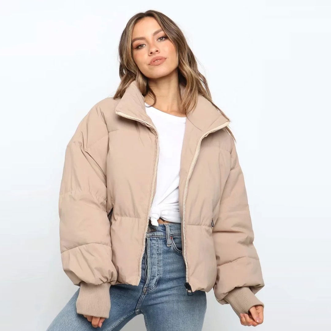 Khaki Stand Collar Zip Front Side Pocket Oversized Puffer Jacket