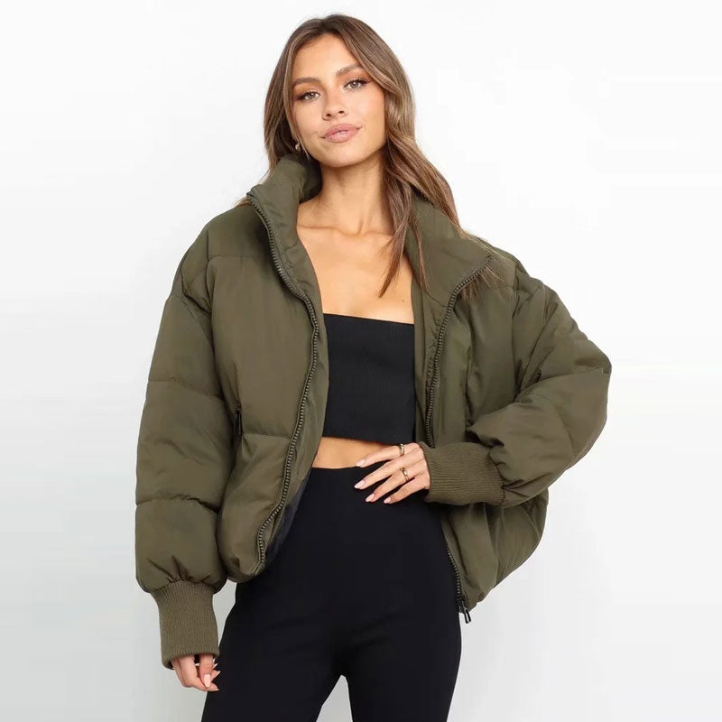 Army Green Stand Collar Zip Front Oversized Cropped Puffer Jacket