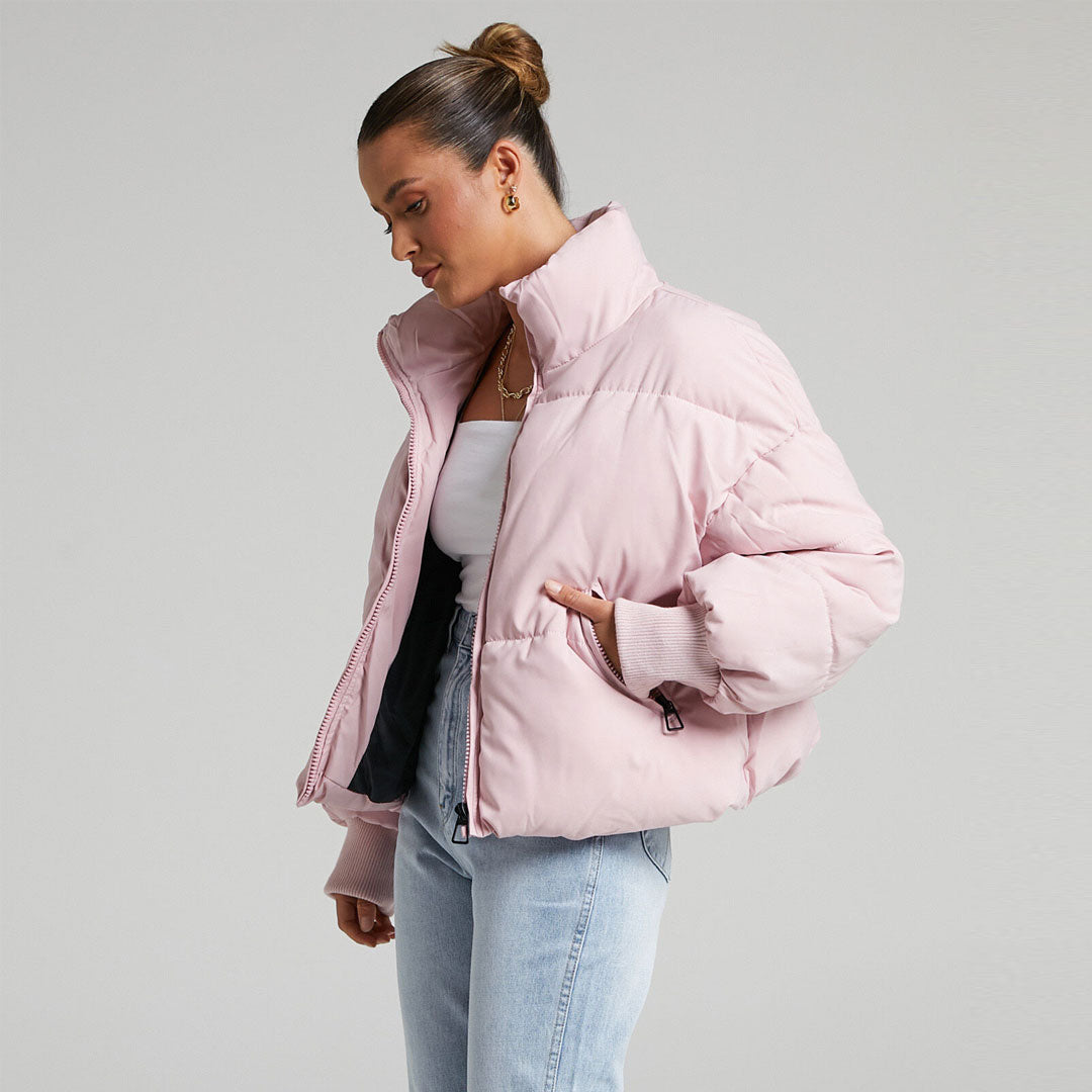 Pink Stand Collar Zip Front Side Pocket Oversized Puffer Jacket