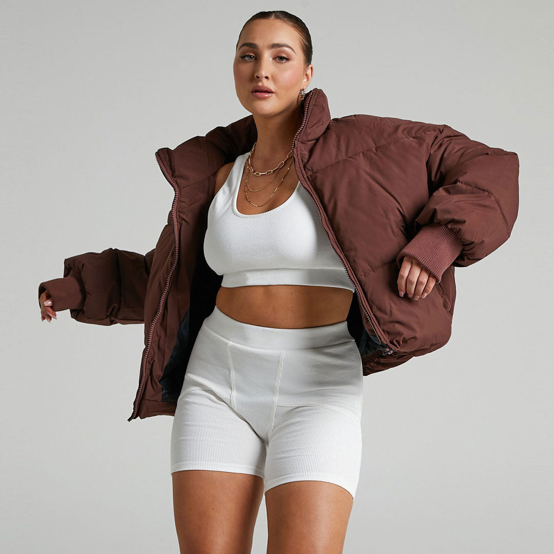 Coffee Stand Collar Zip Front Side Pocket Oversized Puffer Jacket