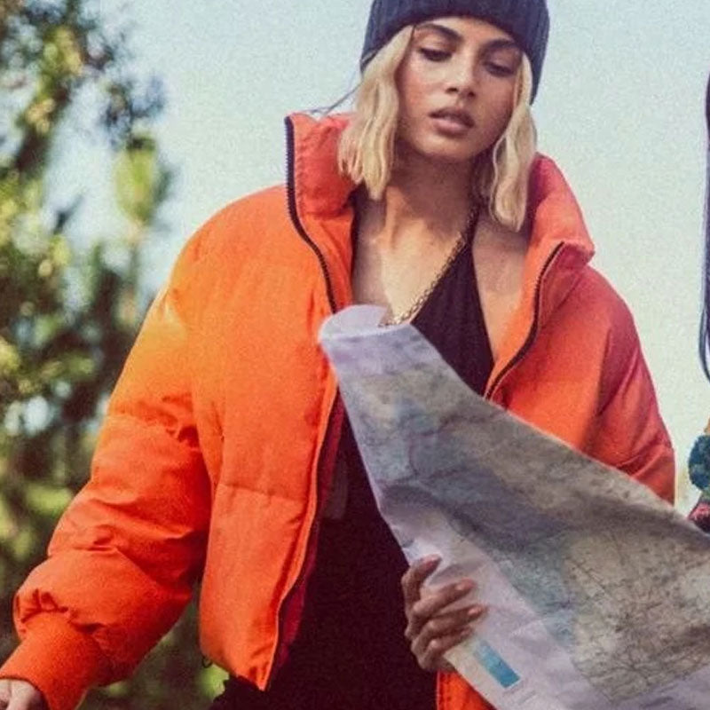 Burnt Orange Stand Collar Zip Front Side Pocket Oversized Puffer Jacket