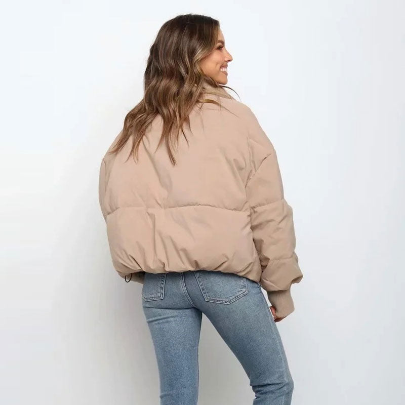 Khaki Stand Collar Zip Front Side Pocket Oversized Puffer Jacket