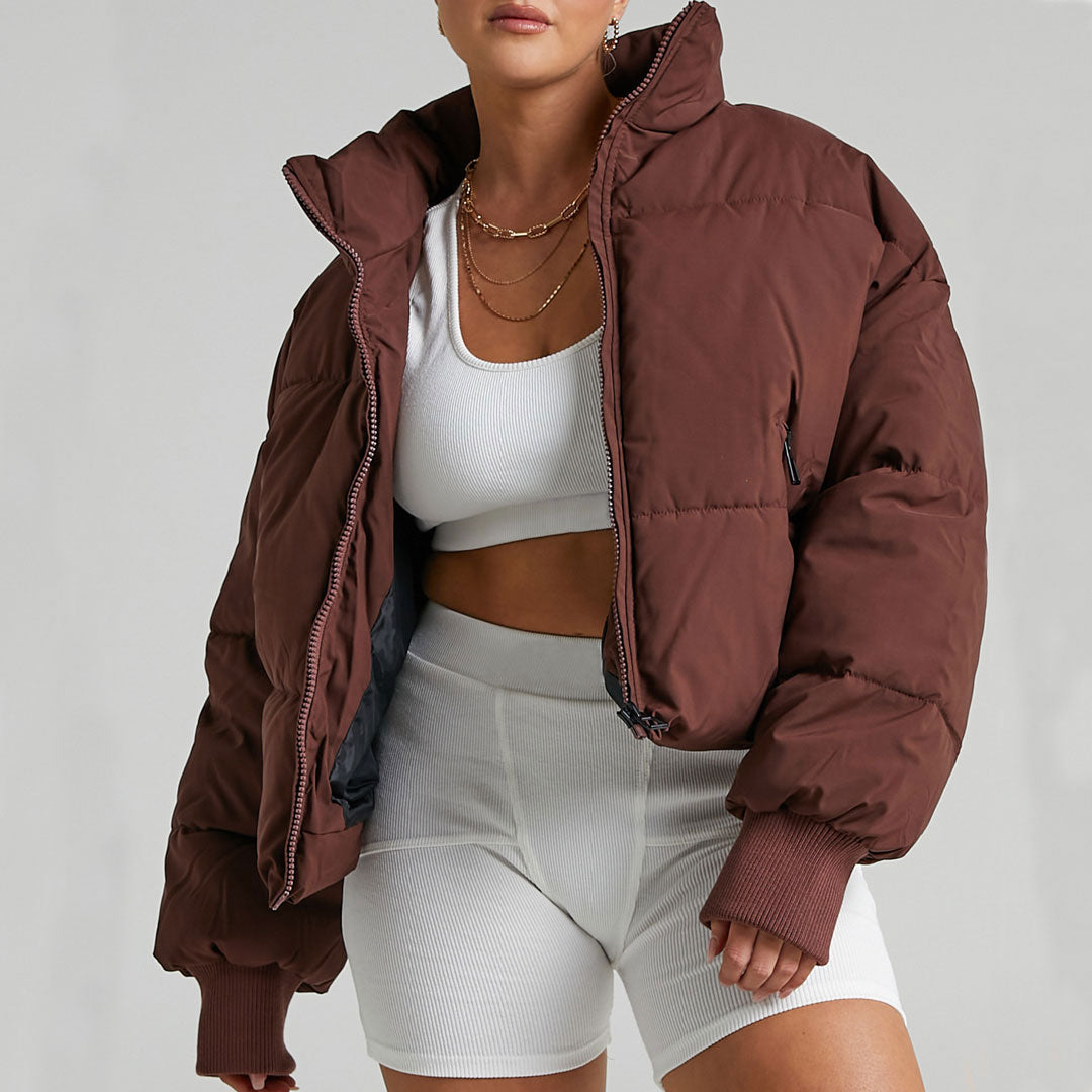 Coffee Stand Collar Zip Front Side Pocket Oversized Puffer Jacket