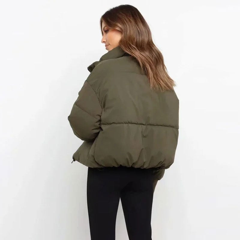 Army Green Stand Collar Zip Front Oversized Cropped Puffer Jacket