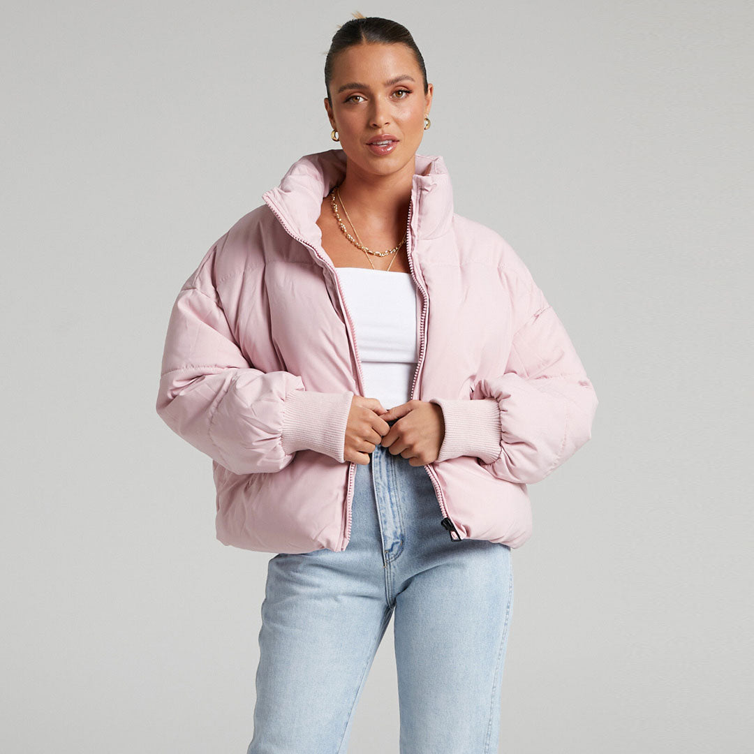Pink Stand Collar Zip Front Side Pocket Oversized Puffer Jacket