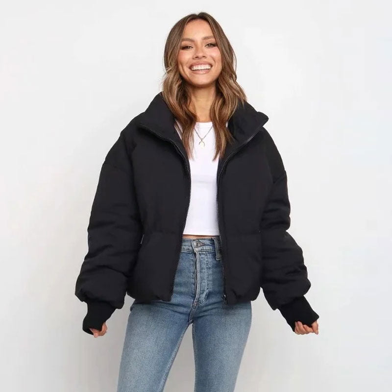 Black Stand Collar Zip Front Side Pocket Oversized Puffer Jacket