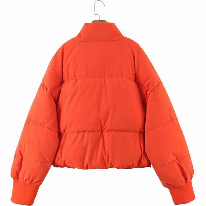Burnt Orange Stand Collar Zip Front Side Pocket Oversized Puffer Jacket