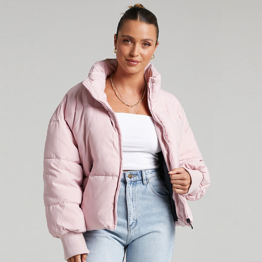 Pink Stand Collar Zip Front Side Pocket Oversized Puffer Jacket