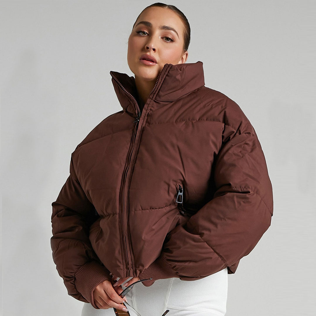 Coffee Stand Collar Zip Front Side Pocket Oversized Puffer Jacket