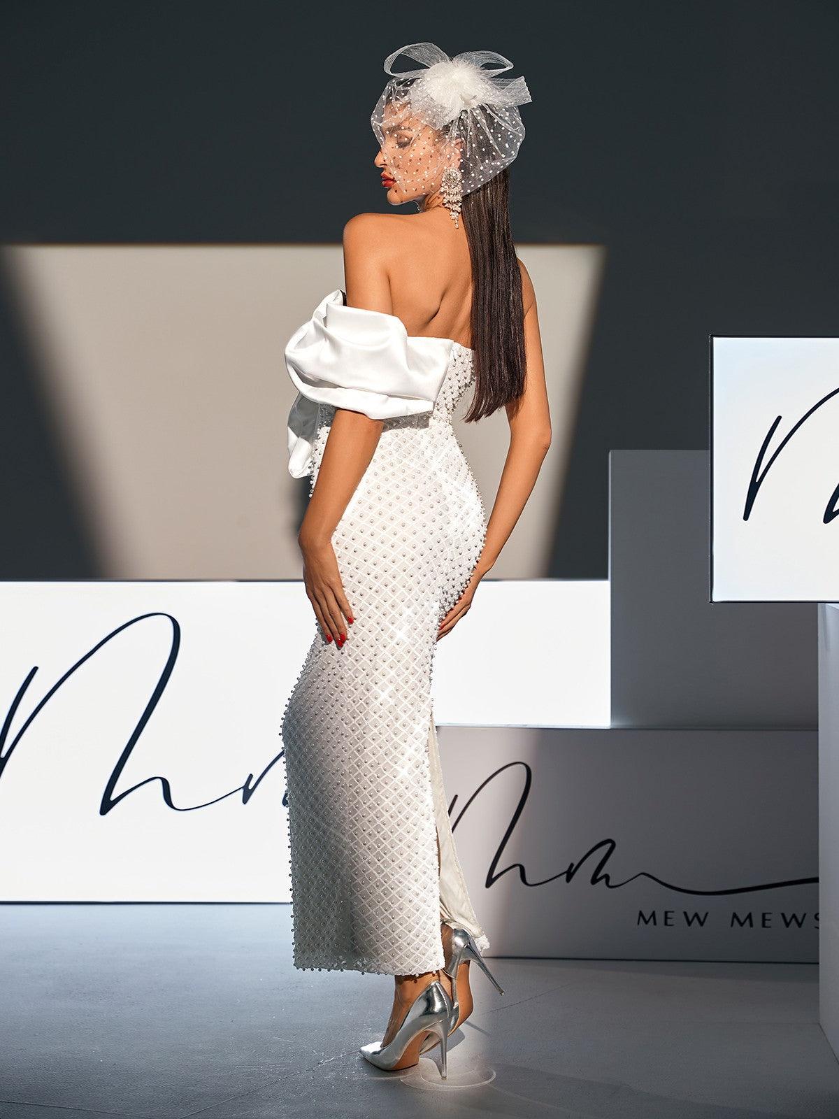 Strapless Bow Pearl Embellished Maxi Dress
