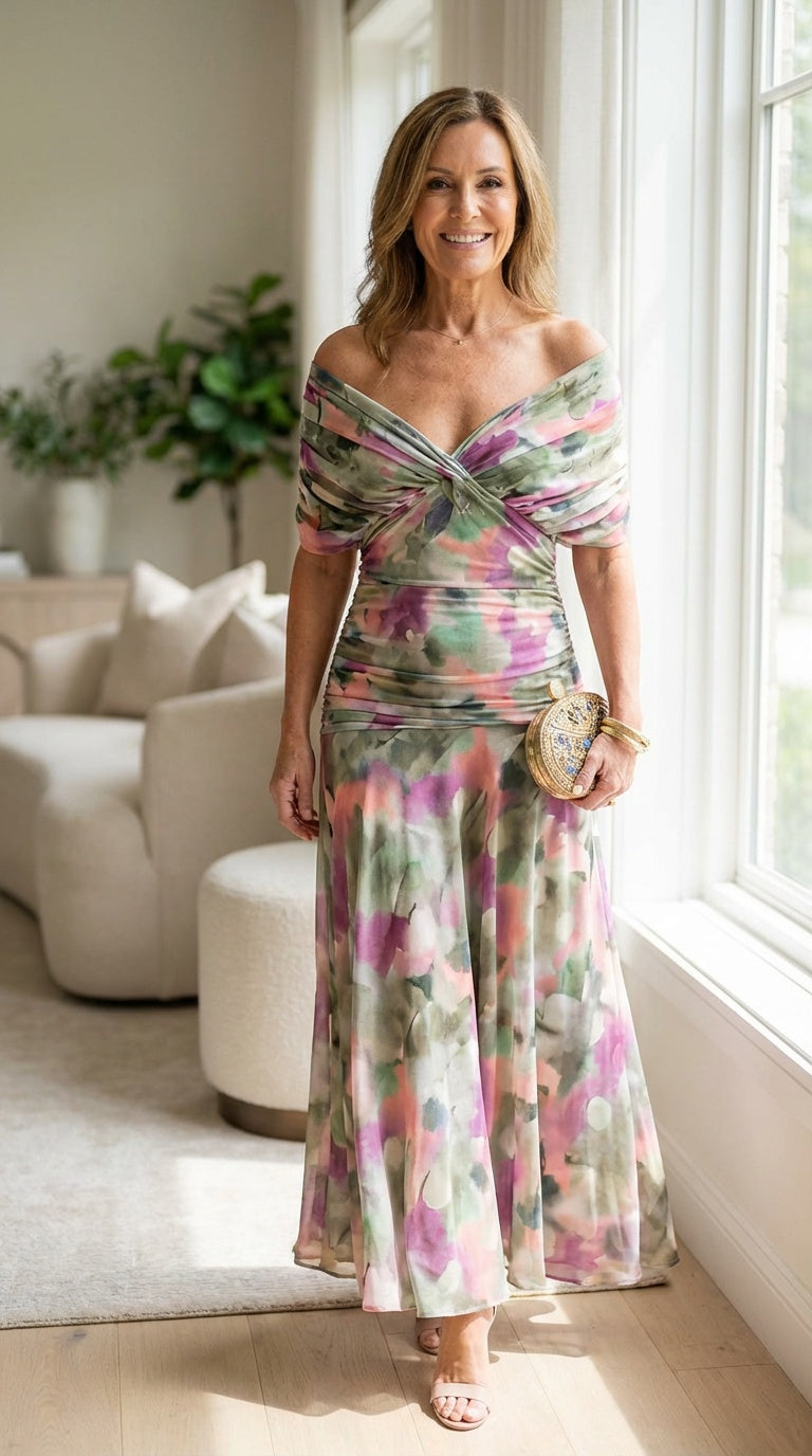 Off-Shoulder Twist Front Ruched Chiffon Maxi Dress 4