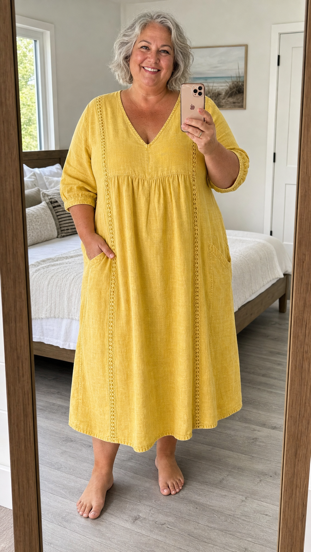 Square Neck Striped Button Long Sleeve Empire Maxi Dress